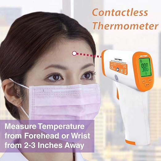 Victor T9000 Non-Contact Digital Infrared Forehead and Wrist Thermometer, for Adults and Kids, Quick 1 Second Readings, 3-Color Temperature Warning Display, White/Orange