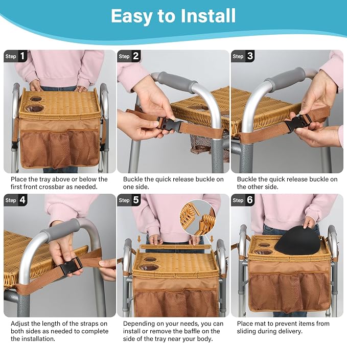 Walker Tray for Folding Walker, Handmade Rattan Trays for Walkers for Seniors Detachable with Cup Holder,Walker Trays for Rolling Folding Walker,Walker Accessories for Elderly