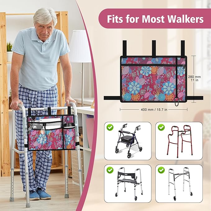 supregear Accessories Bag for Walker, Wheelchair, Rollator - Walker Basket Bag w/Cup Holder - Seniors Caddy Attachment Pouch for Walkers, Water Resistant Large Capacity Carry Storage Carrier Tote