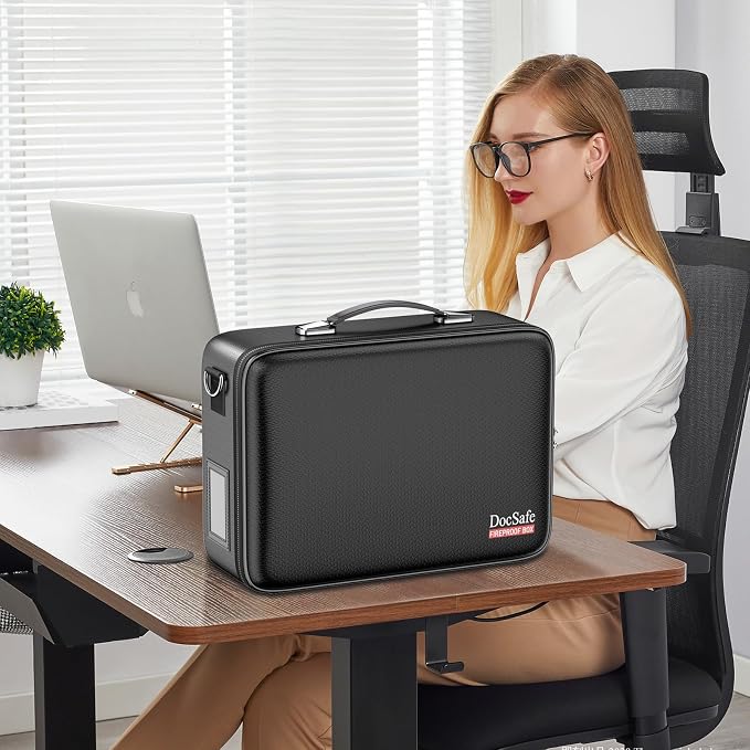 DocSafe Fireproof Document Box with Lock＆Shoulder Strap, Hard-Shell Case File Organizer with Accordion File Folder, Multi-Layer Portable Home Office Travel Safe Storage for Important Documents Laptop