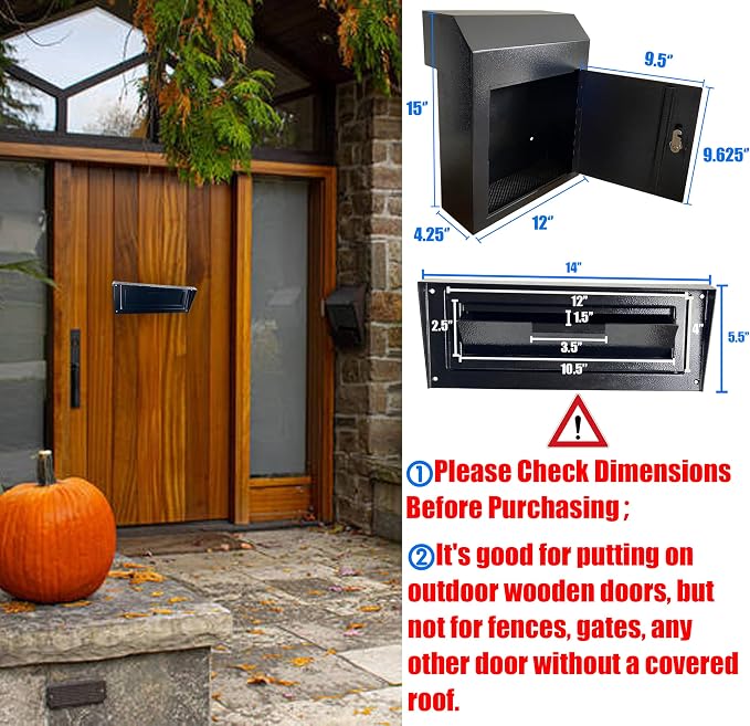 Through-the-Door Mailbox with Rear Access Door & Rain Cover | Galvanized Steel Mail Drop Box for Letters, Documents & Key Collection, Secure Outdoor Mail Storage