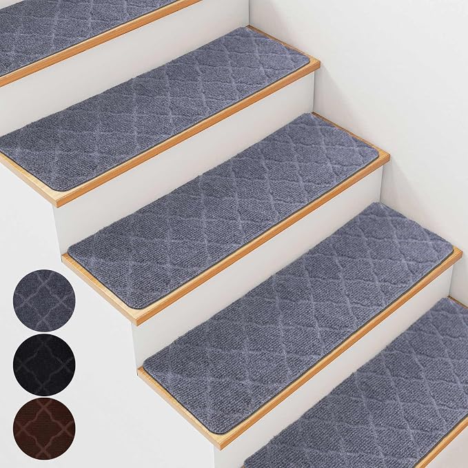 15 PCS Non Slip Stair Treads for Wooden Steps – 8"x30" Indoor Non Slip Stair Treads, Carpet Stair Mats with Self-Adhesive Backing, Removable & Machine Washable – Light Grey Pattern