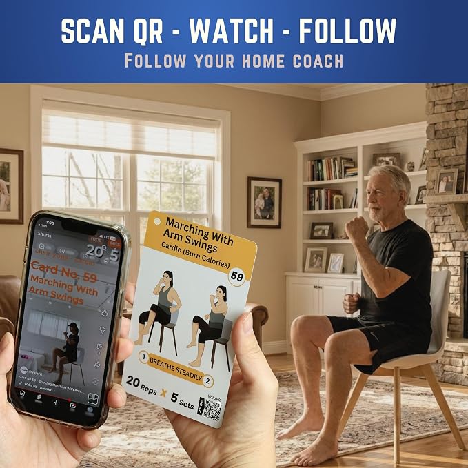 [All-in-One Kit] Chair Yoga for Seniors Over 60: 71 Large Print Exercise Cards with Video + 4 Resistance Bands for Mobility, Balance & Strength | Gift for Mom & Dad