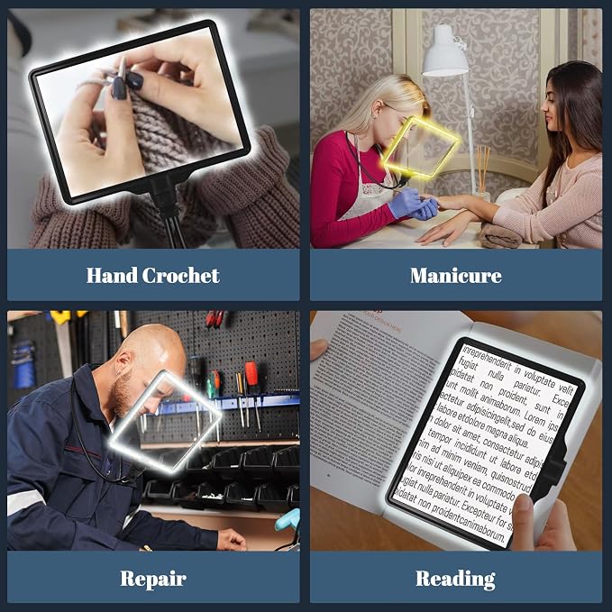 Large Magnifying Glass with Light Hands Free, Rechargeable Page Magnifier | 8" x 11" Page View • 106 LEDs • 6 Color Modes • Storage Bag • Ergonomically design • Flexible Gooseneck • for Seniors Read