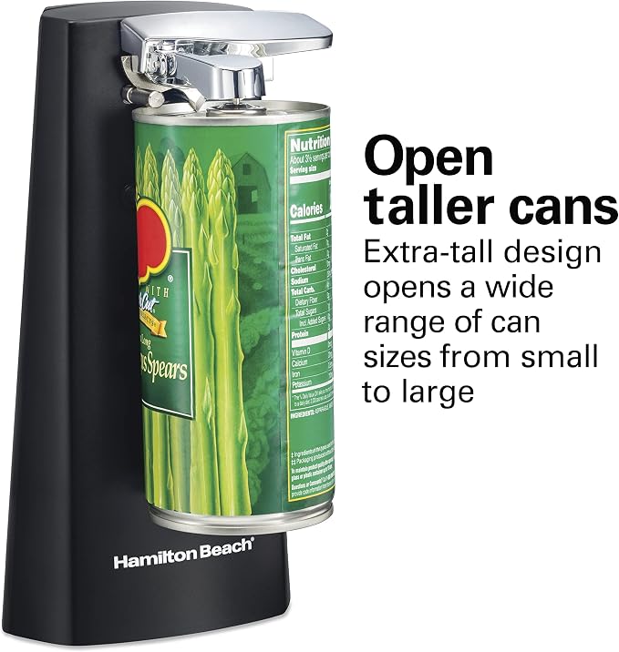 Hamilton Beach Extra-Tall Electric Can Opener Knife Sharpener | Easy-Clean Detachable Cutting Lever & Blade | Cord Storage | Automatic Shutoff | Black | 76702J