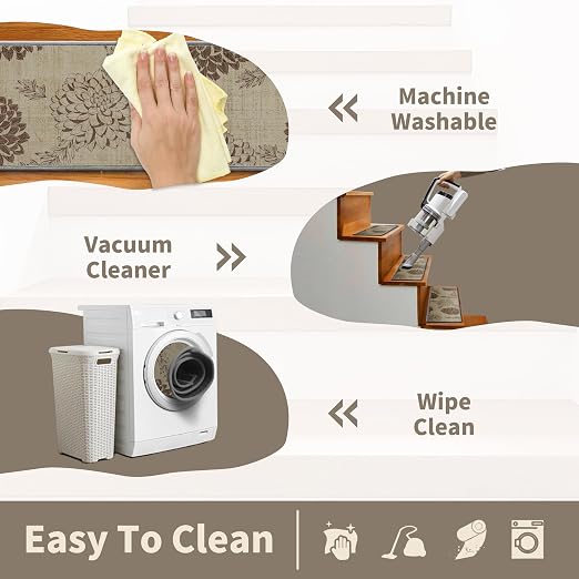 Non Slip Stair Treads for Wooden Steps, 15 Pack 8"x30" Washable Carpet | 8x30 in soft chenille polyester stair treads with reusable TPE backing for indoor wood stairs, dogs, kids, and seniors