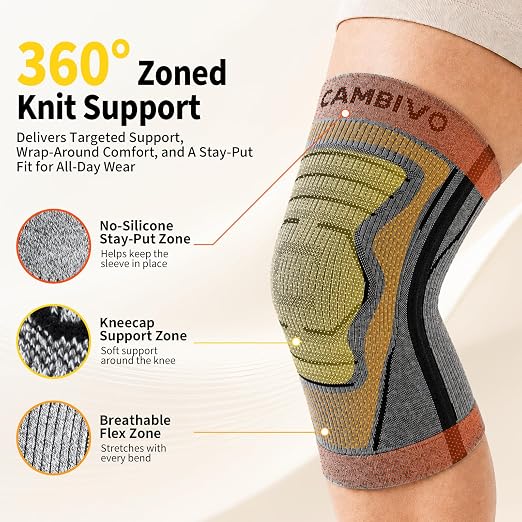 CAMBIVO 2 Pack Knee Brace for Women & Men, Latex Free & Silicone Free Compression Knee Sleeves with Side Stabilizers, Lightweight Knee Support for Arthritis, Meniscus, Walking, Running (Gray, Medium)