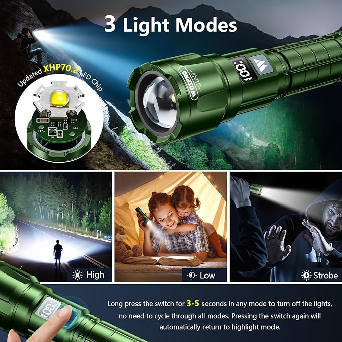 WdtPro LED Rechargeable Flashlight 2 Pack, 3 Modes Super Bright High Lumens Flashlights, Zoomable Tactical Flash Light with LCD Display, IP65 Waterproof Flashlights for Home Emergency Camping - Green