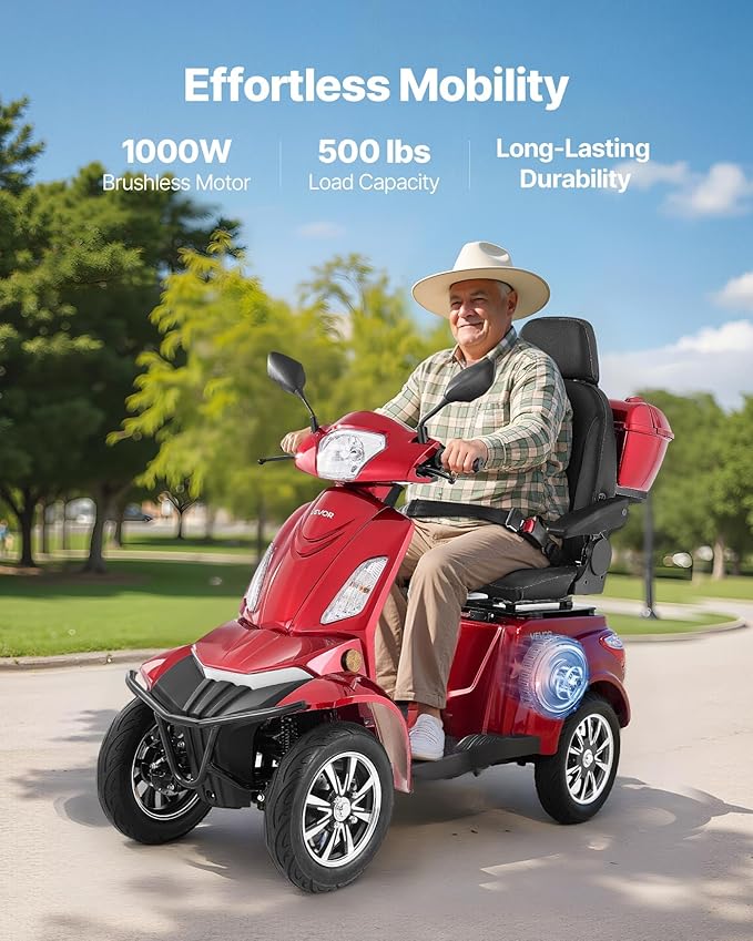 VEVOR Heavy Duty 4-Wheel Mobility Scooter, Powerful 1000W Brushless Motor, 500 lbs Capacity, 21.5 Miles Long Range, All Terrain Mobility Scooter with Lockable Trunk for Seniors & Adults