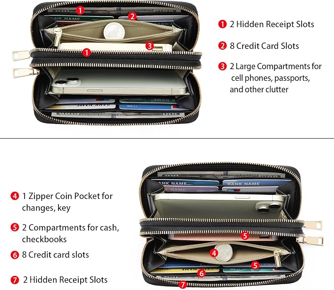 GOIACII Women's Wallet Large Capacity Double Zip Ladies Card Phone Holder RFID Blocking Wristlet Leather