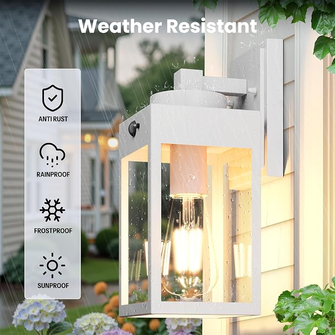 Gleamz 2-Pack Motion Sensor Outdoor Light Fixtures Wall Mount, Waterproof | Modern White Dusk to Dawn Exterior Wall Lantern for House Front Porch, Waterproof Outdoor Sconce Lights for Garage, Coach