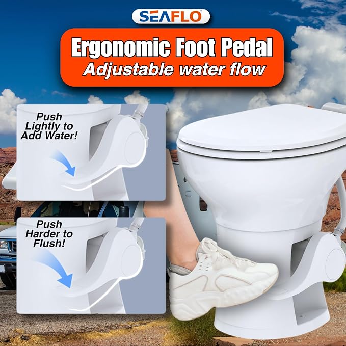 SEAFLO Porcelain RV Toilet with Elongated Bowl, 19” Residential Height, Gravity Flush, Foot Pedal Flush, Soft Close Seat, Easy Install, Camper Toilet, 4-Year Warranty, SFRTCH-02-01
