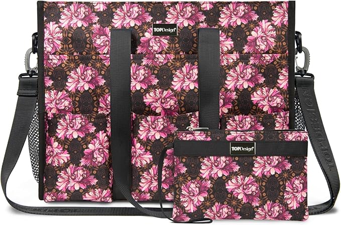 TOPDesign Utility Water Resistant Tote Bag with 22 Pockets, Top Zipper Closure & Thick Bottom Support, for Working Women