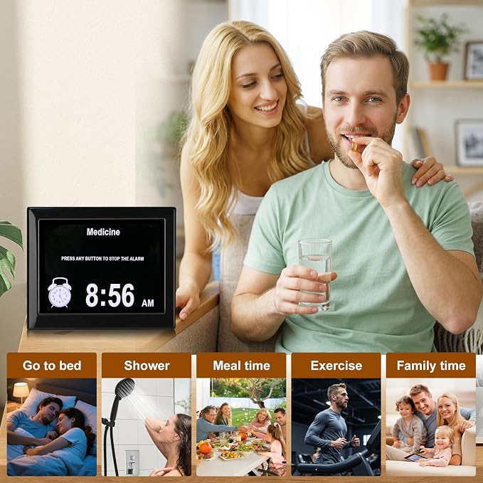 Day Date Time Clock for Seniors Elderly 3 Medication Reminders+ 5 Custom Reminders Digital Calendar Dementia Impaired Vision Memory Loss Clock(Black,8-inch)