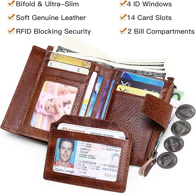 Wallet for Men Genuine Leather RFID Blocking Mens Wallet with Zipper Coin Pocket ID Window