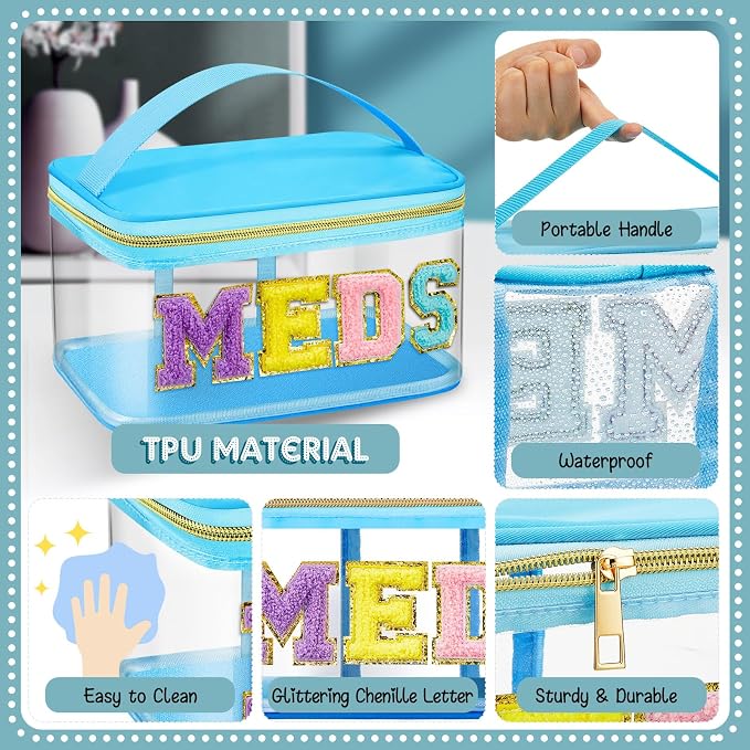 Geetery Chenille Letter Bag, Meds Cheer Travel Cases Cheerleader Gifts Cosmetic Bag Nylon Makeup Portable Preppy Patch with Zipper Toiletry Storage Case for Women(Blue,Meds)