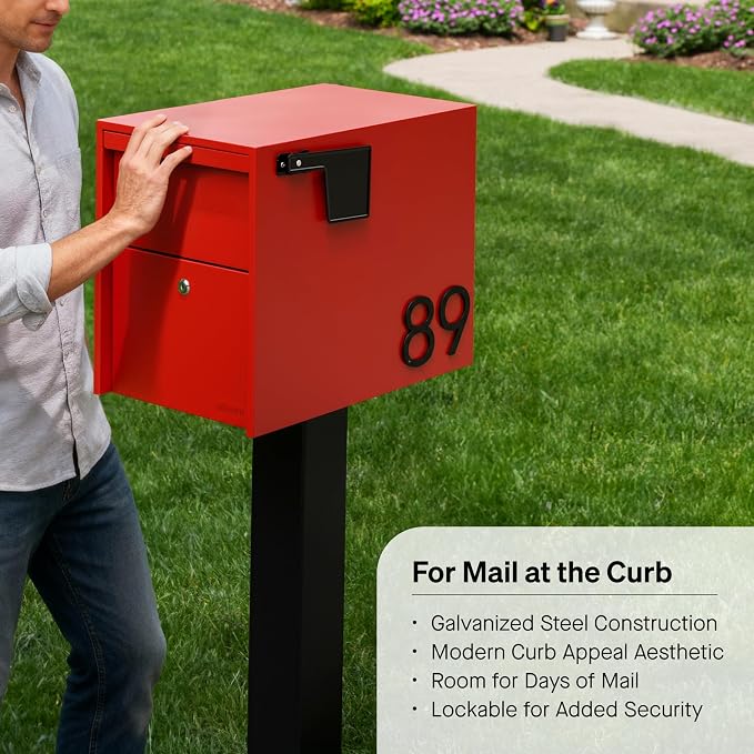 Adoorn Lockable Post Mount Mailboxes for Outside - Large Anti-Theft Locking Mailbox for Packages and Letters - Weatherproof Construction - Durable Steel - 15.5" H x 12" W x 18.5" D - Red