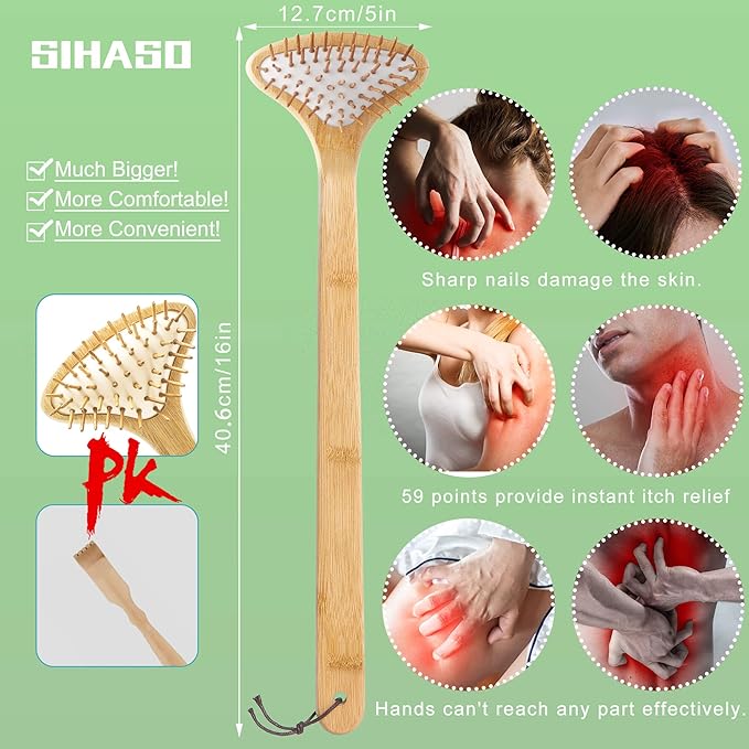 Large Curved Bamboo Back Scratcher - 59 Wooden Points Provide Instant Itch Relief, Curved Handle & Air Cushion, Easy to Reach Itch Point, Back Massager for Men Women Adults（White）