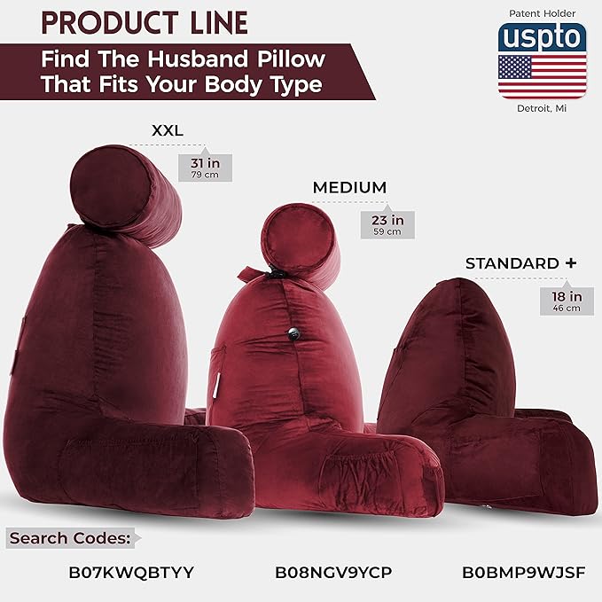 Husband Pillow XXL Aspen Edition, Adult Reading Sit Up Bed Rest Pillow for Bed with Arms & Neck Roll on Bungee Cord, Premium Memory Foam, Reversible 2 Sided Cover Micro Suede or Plush, Arizona Maroon