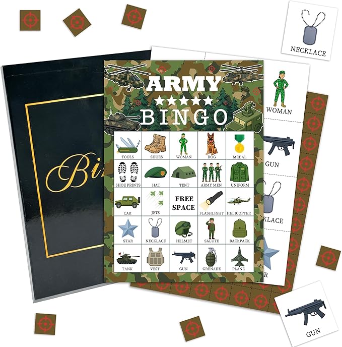 Army Party Bingo Game Cards, Camo Military Bingo Set for Adults Large Group, Camouflage Soldier Fun Party Games, Camo Army Activities Icebreaker Games for Family Friends, 06