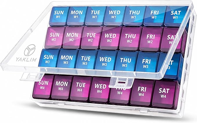 XL Monthly Pill Organizer 1 Time a Day, 4 Week Pill Case Compartments, Yaklim Weekly Vitamin Organizer Extra Large, Medicine Container for Daily Pill Keeper