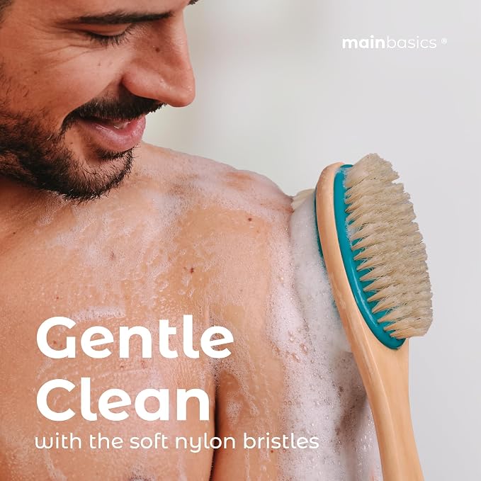 MainBasics Back Scrubber Shower Brush, Teal, Long Handle | Dual Sided Body Brush, Exfoliating Bristles and Soft Bristles, Back Scrubbing, Deep Cleaning