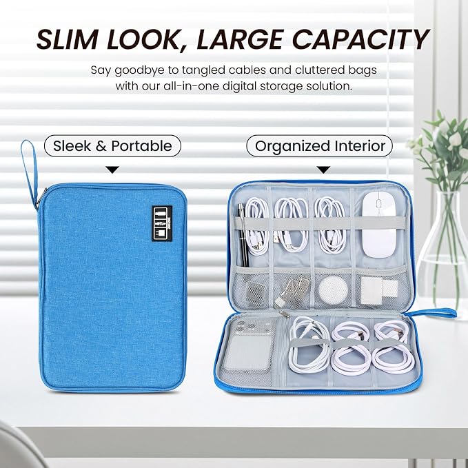 Electronic Organizer Travel Case, Slim Cable Accessories Pouch, Single Layer Tech Pouch & Cord Storage Bag for Chargers, Power Bank, SD Cards - Minimalist Travel Essentials