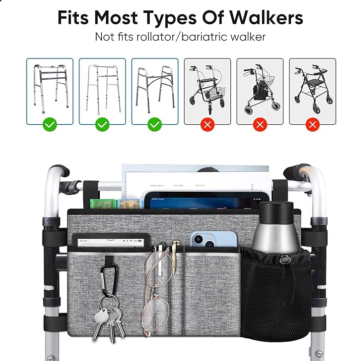 FINPAC Large Walker Tote Bag with Cup Holder, Folding Walker Attachment Hands-Free Storage Basket Mobility Aid Accessory Pouch for Elderly, Senior, Gray