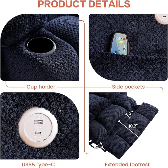 Dual Motor Power Lift Recliner Chair for Elderly, Infinite Position Lift Chair for Elderly W/Massage & Heat, Lay Flat Lift Recliner With Cup Holders, One-Touch Reset, Lumbar Pillow, Fabric (Navy)