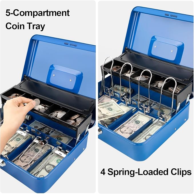 Jssmst Locking Metal Cash Box with Coin Lid, 11.8L x 9.5W x 3.5H Inches, Safe Money Box with Key Lock, Blue, SM-CB0513BL