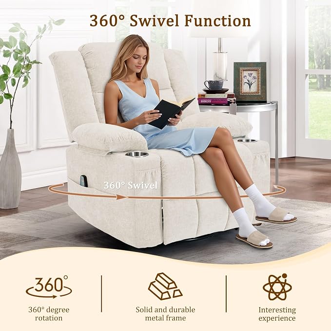 Korser 360° Swivel Rocker Recliner for Adults, Nursery Glider Recliner with Massage and Heating, Rocking Chair with Cup Holder, Manual Recliner Chair for Living Room, Bedroom (Fabric, Beige)