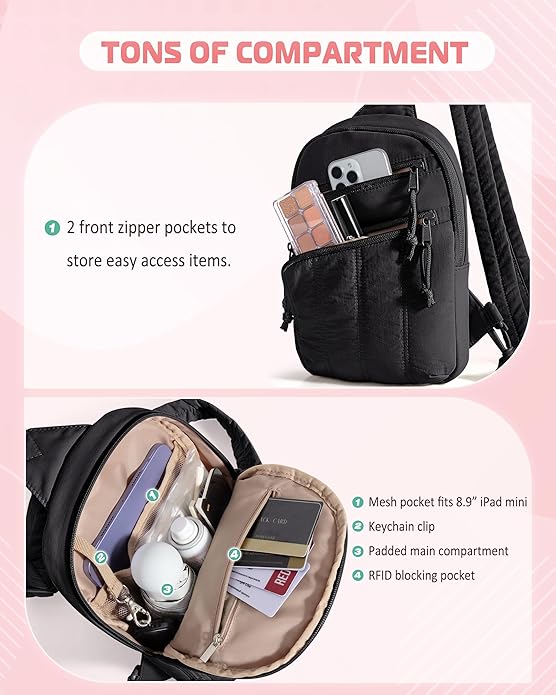 Smasrob Puffer Sling Bag for Women with RFID Blocking Pocket | Hidden Water Bottle Holder, Small Crossbody Bag with Multiple Pockets