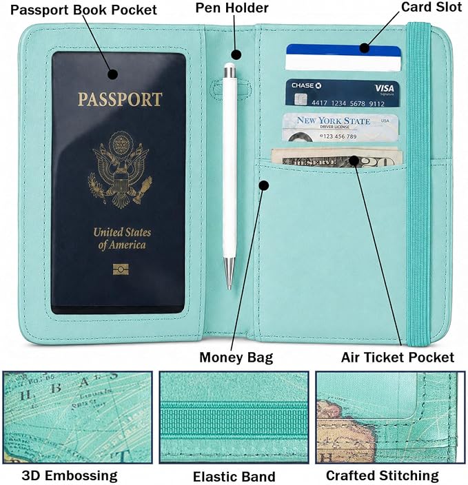 RFID Blocking Passport Holder for Travel – PU Leather Waterproof Lightweight Passport Cover Wallet for Women Men, Travel Organizer with Card Slots for Airline Tickets & Passport Book, Map