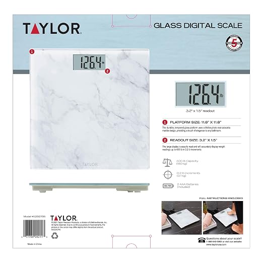 Taylor Digital Bathroom Scale for Body Weight, Glass Platform with Marble Design, 400 lb Capacity, Large Easy-Read Display, Precise Weight Tracking