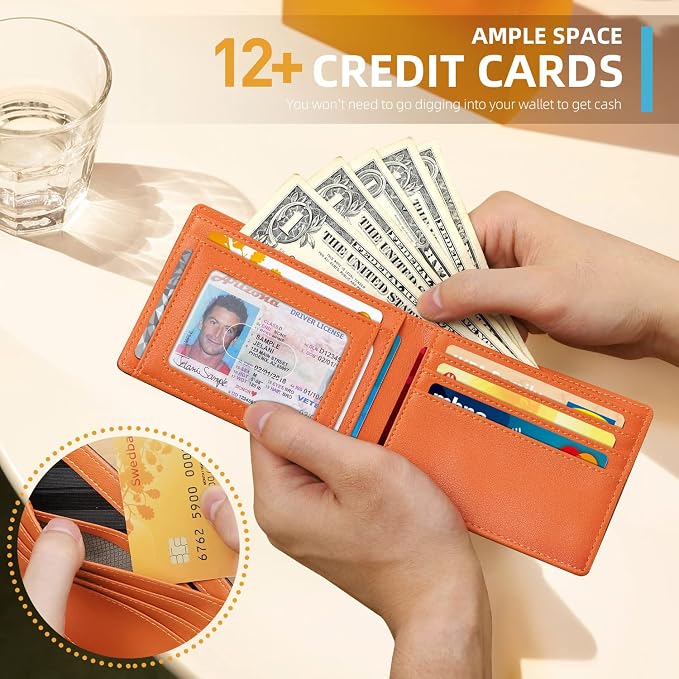 RUNBOX Wallet for Men, Slim Leather Bifold, RFID Blocking Card Holder | Minimalist Front Pocket Design, Credit Card Organizer, Holds 11 Cards, Large Capacity, Thin Profile, Birthday Gifts for Men