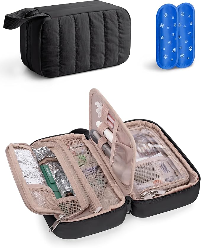 Marscamd Puffy Diabetes Travel Case with 2 Ice Packs, Insulin Cooler Travel Case with Multiple Pockets, Black