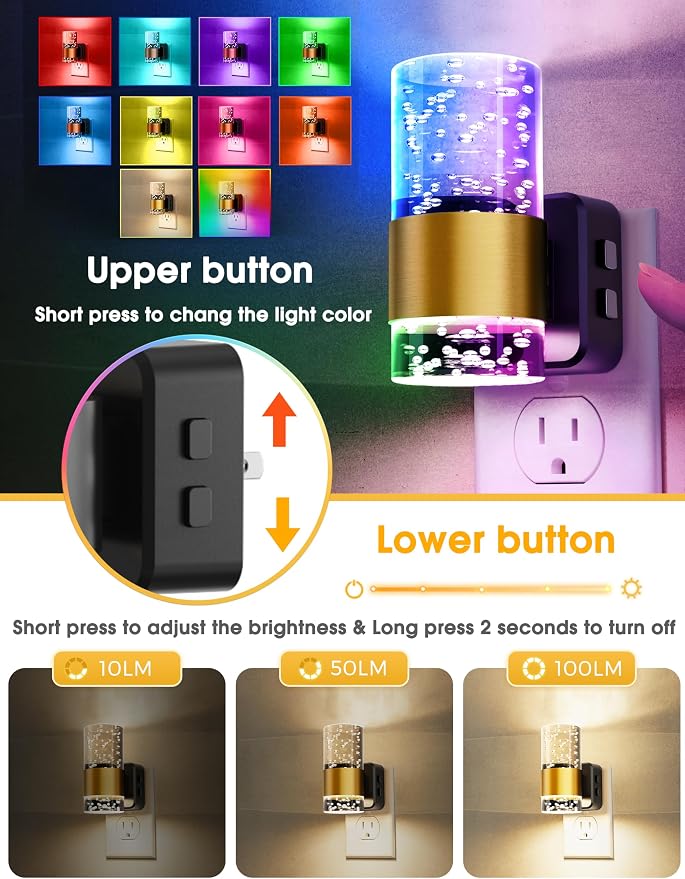 Night Lights Plug into wall, Color Changing Night Light with Rotatable Plug, Dusk to Dawn Light Sensor and Adjustable Brightness, Elegant Design Night Light for Kids Bedroom,Bathroom, 2 Pack