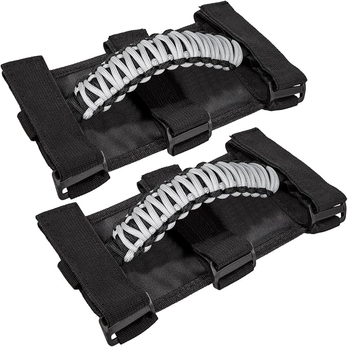 E-cowlboy Roll Bar Grab Handles Grip Handle for Jeep Wrangler JK JKU JL JLU TJ YJ Sports Sahara Freedom Rubicon Unlimited Gladiator JT 1955-2023 UTV ATV Accessories Premium 550 Paracord (Gray 2 Pack)