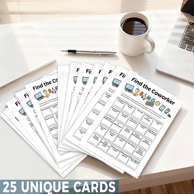 Team Building Games for Work Adults – Find Someone Who Bingo Game, 25 Unique Human Bingo Cards 5x7 Inch, Ice Breaker & Office Games for Parties, Meetings & Events - A04