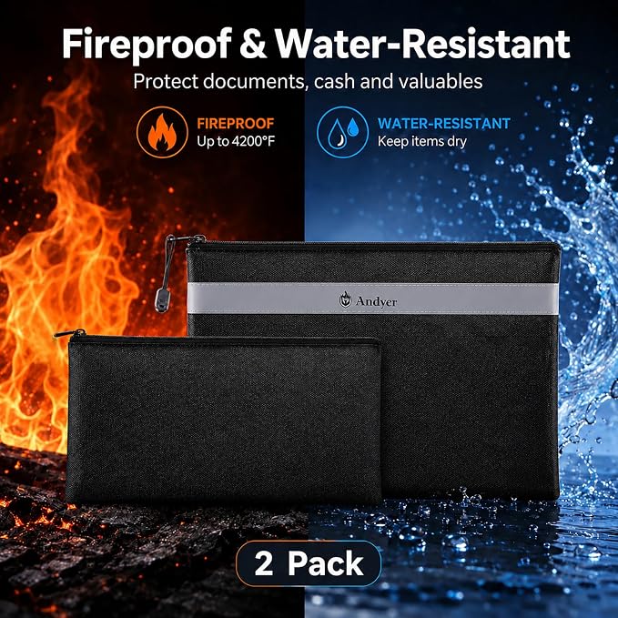 Andyer Fireproof Money Bag for Cash, 2 Pack Fire Proof Bag for Documents | 13.4"x10" and 11"x6" Fireproof Document Bag with Reflective Strip, Waterproof Document Pouch for Important Papers, Passports