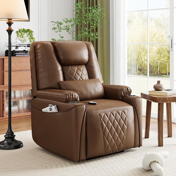 Garvee Power Lift Recliner Chair Sofa, PU Leather Reclining with Charging Ports, Cup Holders, Electric Stand Assist for Elderly, Home Theater Seating with Remote for Living Room, Brown