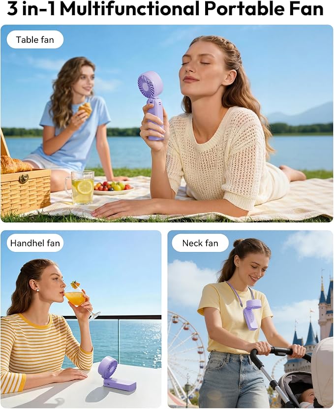 Gaiatop Portable Handheld Fan, 5 Speed Rechargeable Battery Max 18 Working Hours, 3 IN 1 Neck/Desk/Hand Fan Cooling for Travel, Beach, Women/Men Outdoor Activities Gifts - Purple