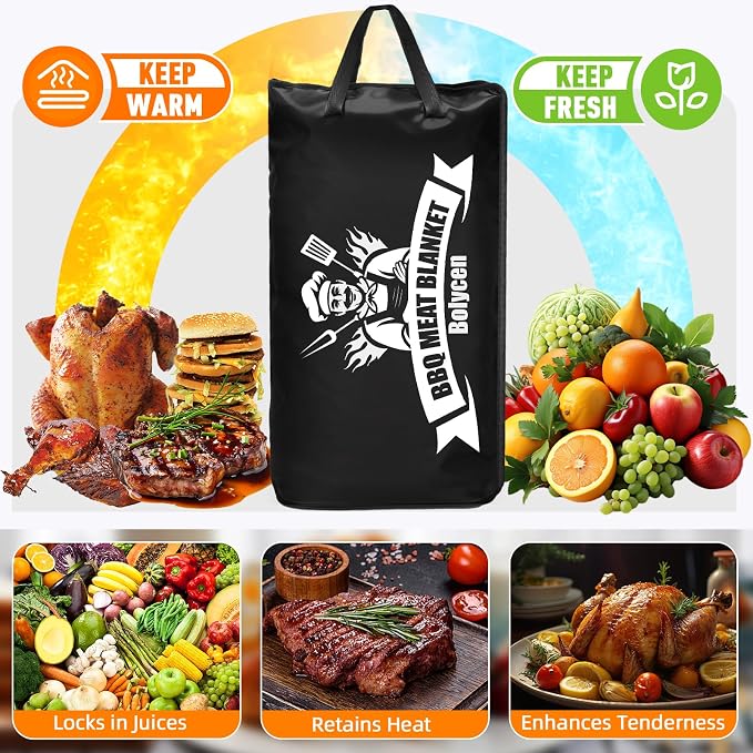 Upgraded BBQ Blanket for Resting Meat - Air Fryer Kitchen Camping Baking Party Essential -Smoker Accessories Brisket Blanket - Insulated Meat Resting Bag with Wide Mouth for Steak/ Pork Shoulder/ Turkey - Birthday Anniversary BBQ Accessories Grilling G...