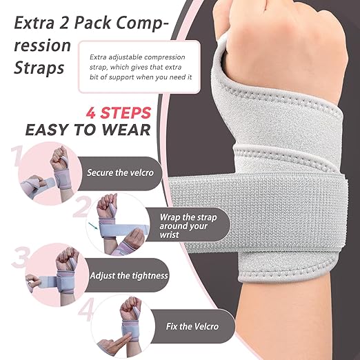 Wrist Support Brace for Right Left Hand 2 Pairs, Wrist Wraps for Women Men, Adjustable Wrist Brace for Carpal Tunnel Tendonitis, Arthritis, Pain Relief, Weightlifting, Sports, Day Night Support, Grey