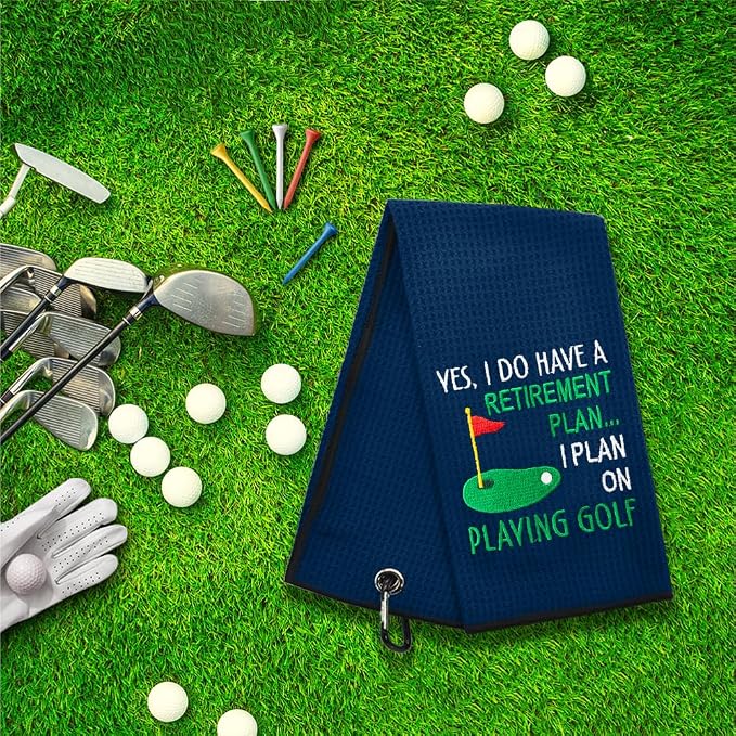 ERHACHAIJIA Yes I'd Have A Retirement Plan Embroidered Golf Towel with Clip. Funny Golf Accessories Gifts for Men Women Golfer Grandma Grandpa Mom Dad, Retirement (Navy)