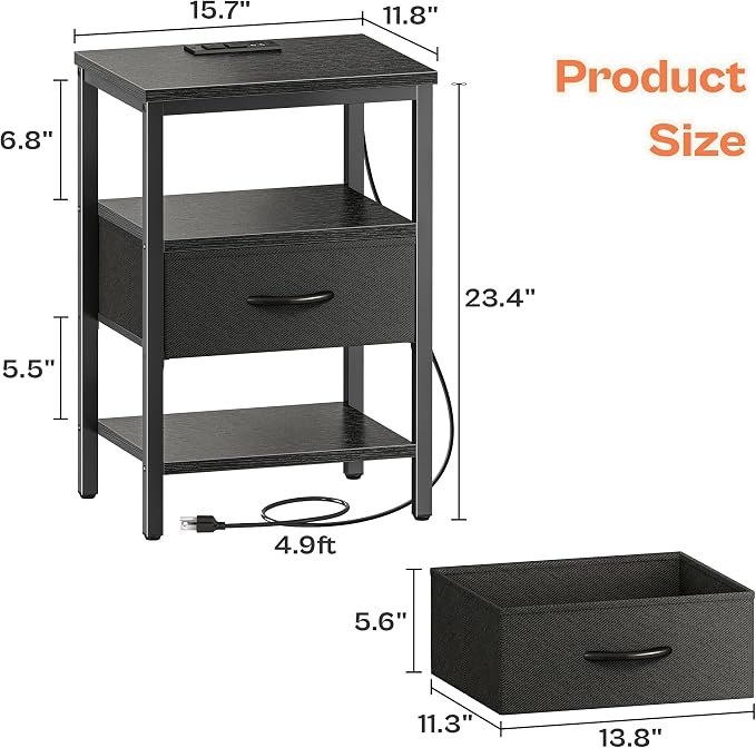 SUPERJARE Nightstand Set of 2 with Charging Station, USB-C Port, End Tables | Night Stand for Bedroom, with Adjustable Fabric Drawer, 3-Tier Storage Bedside Tables for Living Room, Black