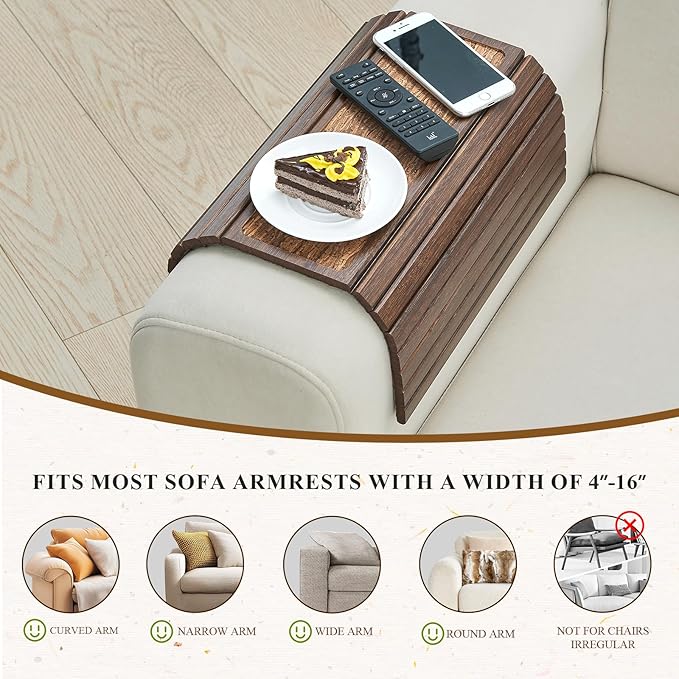 GEHE Sofa Arm Tray Table, Flexible/Foldable Couch Arm Tray for Wide Couch, Sofa Armrest Table Cup Holder Perfect for Foods Drinks Snacks Remote Control or Phone