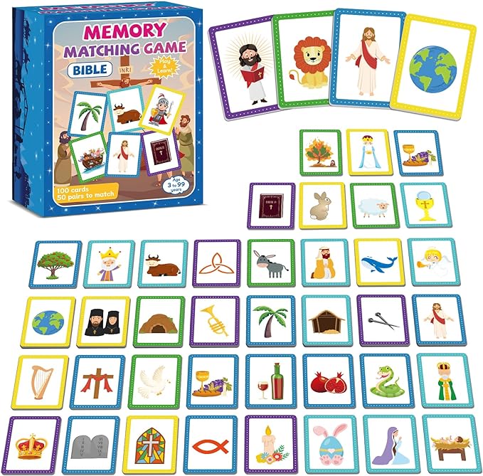 gisgfim 100 PCS Memory Matching Game Bible Concentration Memory Card Games for Kids Boys Girls Easter Educational A Fun & Fast Christian Preschool Homeschool VBS 2026 Biblical Theme Matching Games