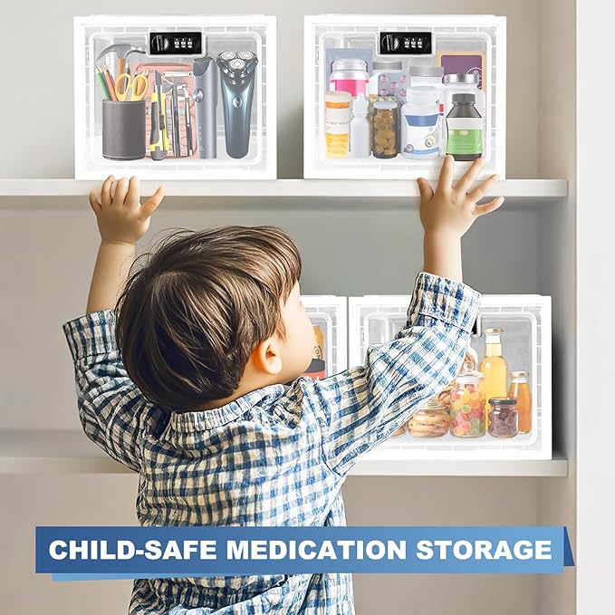Gemaxvoled 2 Pack Medicine Lock Box, Large Capacity Premium Material Lockable Storage Bin Organizer Box with Combination Code for Safe Medication/Fridge Food/Snacks/Phone/Tablet Jail(White)