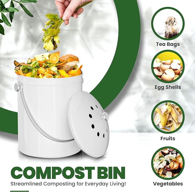 Utopia Kitchen Countertop Compost Bin 1.3 Gallon, Stainless Steel, White | Odorless countertop compost bin with charcoal filter, ideal for food scraps and waste